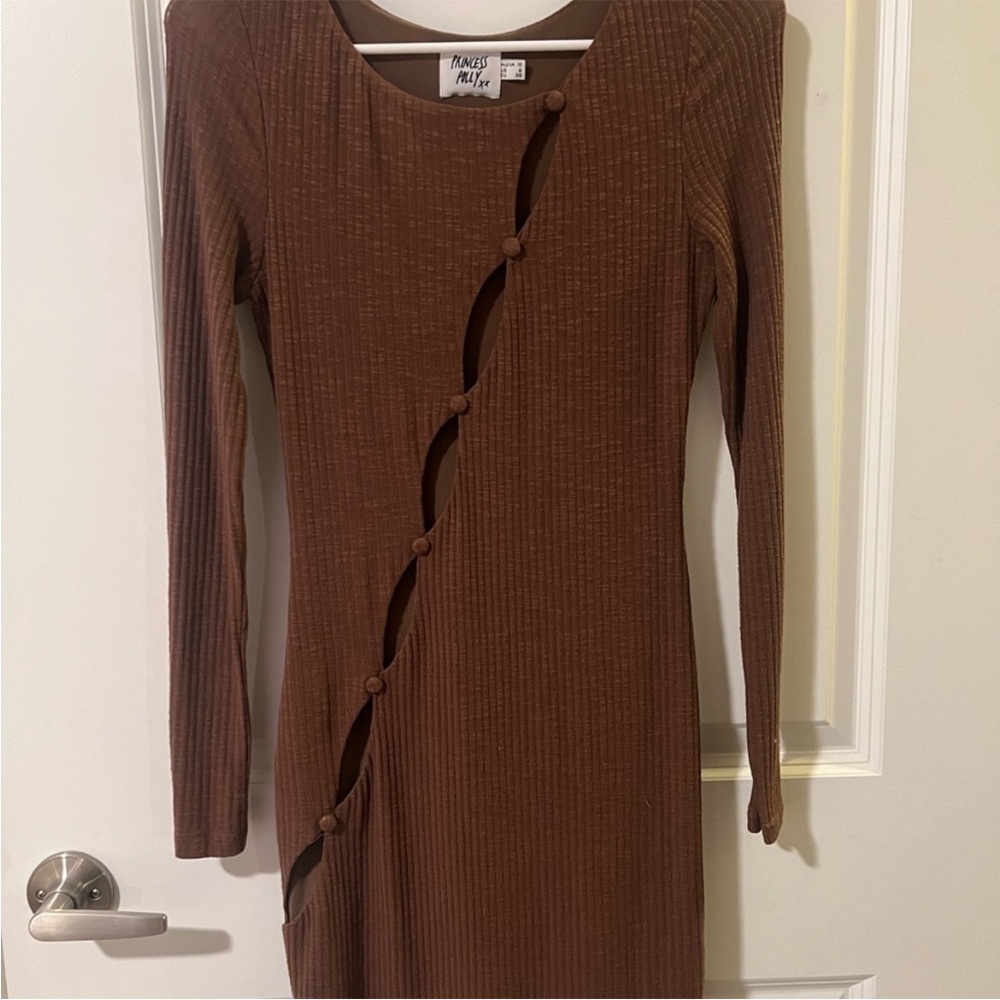 Princess Polly Brown Ribbed Cutout Bodycon Mini Dress Long Sleeve | Size 6